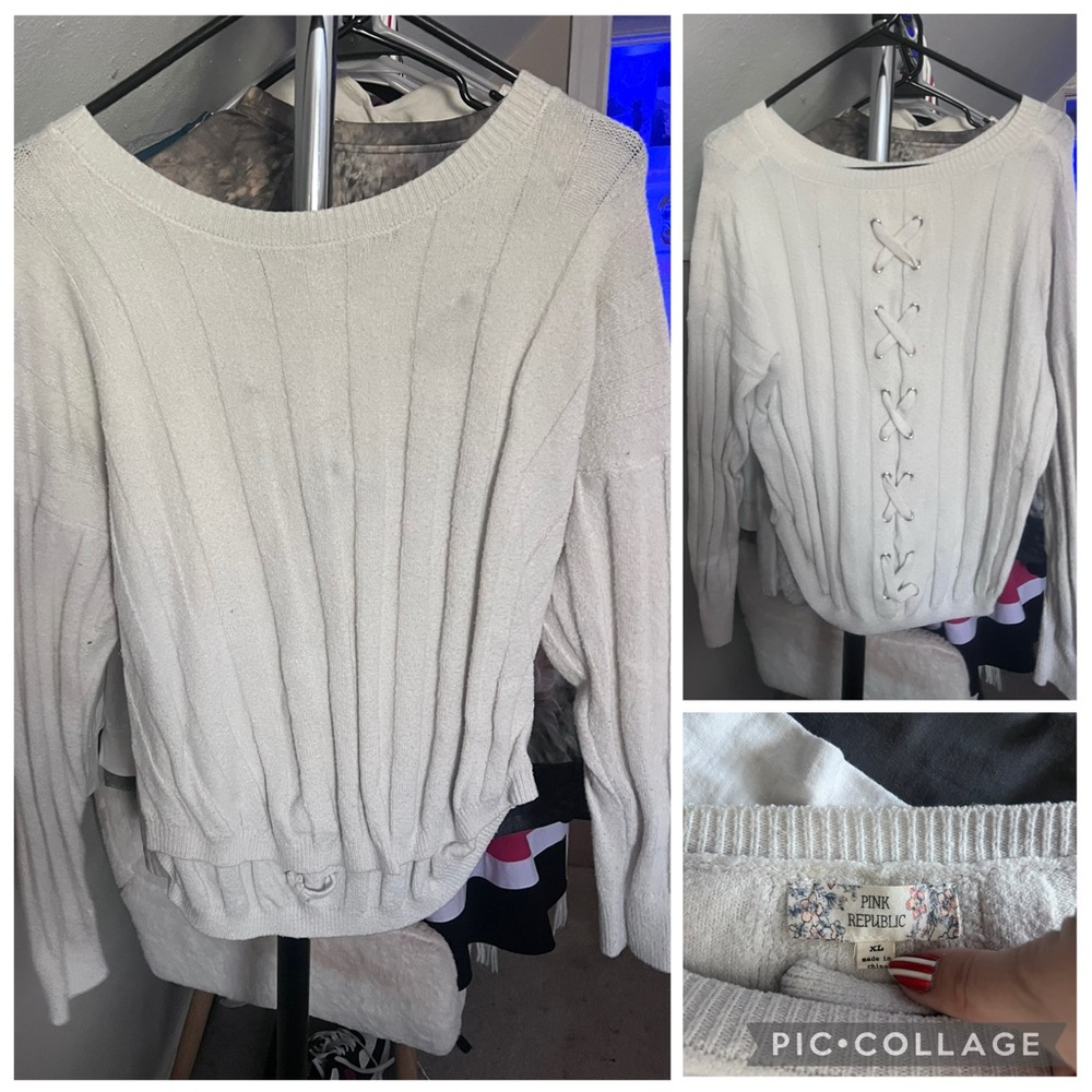 Pink Republic Women's Off-White Sweater with Lace-Up Back